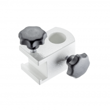 Normschienenklaue, <br> Aluminium pulverbeschichtet <br> mit Aufnahme Ø 18 mm für Rundrohre